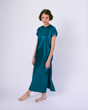 Load image into Gallery viewer, blue satin maxi tshirt dress with side slit on woman 
