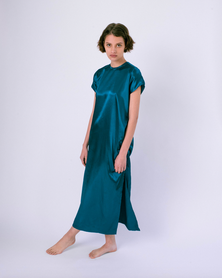 blue satin maxi tshirt dress with side slit on woman 