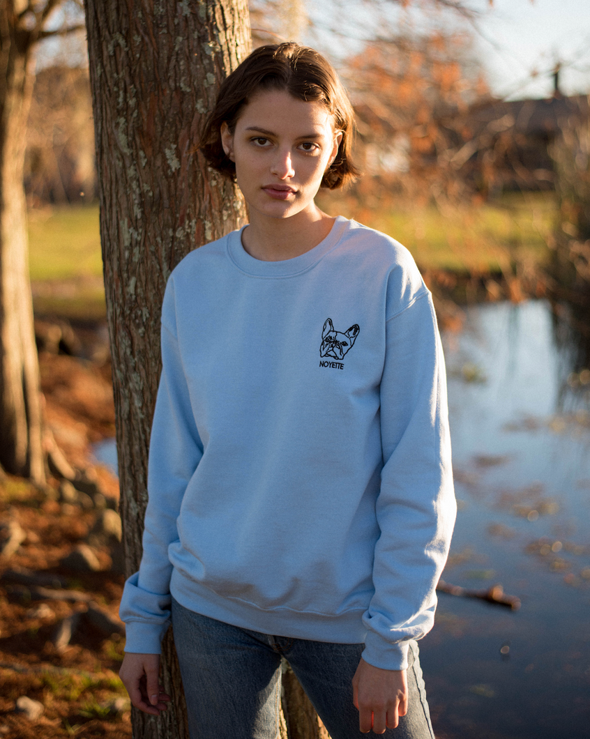 Light blue crewneck sweatshirt with embroidery of french bulldog face on the  left of the chest