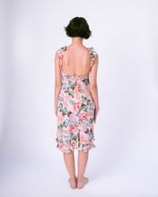 Load image into Gallery viewer, Back view of scoop back midi dress with pockets &amp; smocked top . Ruffles on straps and skirt.
