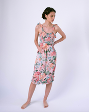 Load image into Gallery viewer, Front of pink floral midi dress with pockets &amp; smocked top . Ruffles on straps and skirt.
